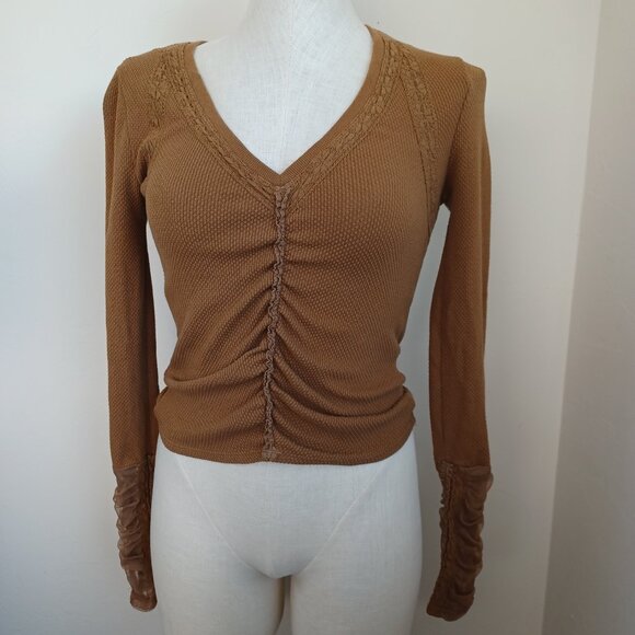 Free People Top Wear Me Out Brown Waffle Knit Long Sleeve Cropped Tee Size XS - Picture 9 of 16